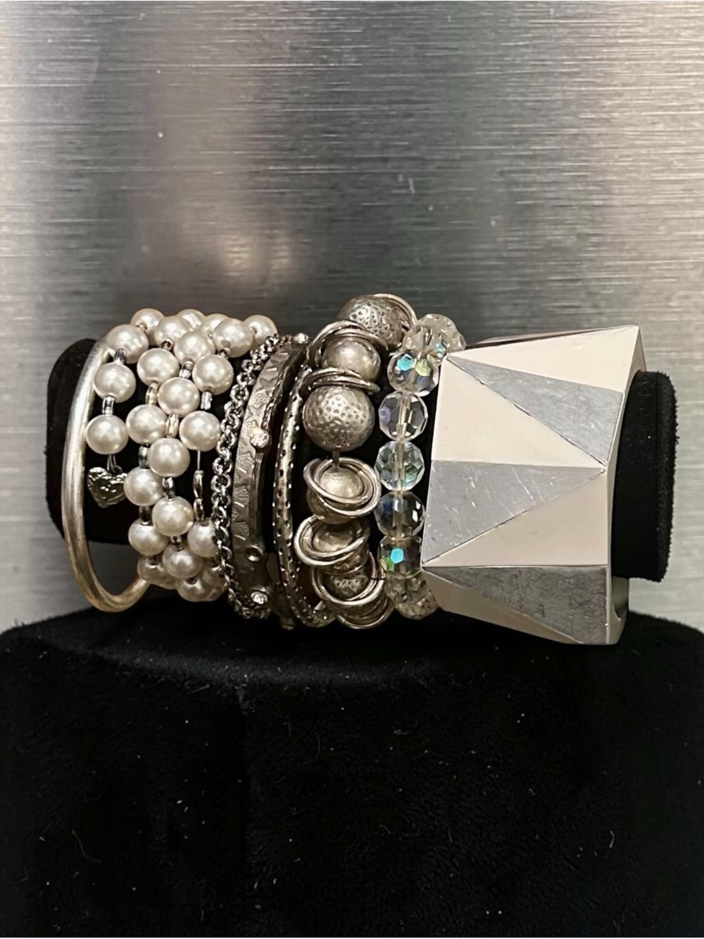 Curated Boho Silver Bracelet Stack • Pearl Crystal Geometric Statement Set
